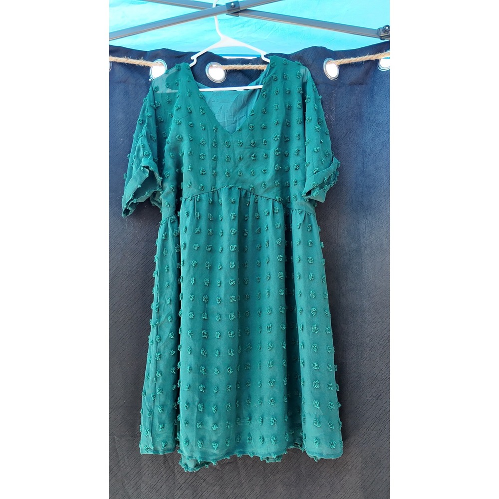 Emerald Green Swiss Dot Babydoll Mini Dress V-Neck Short Sleeve Boho Pom Pom M